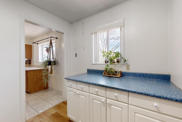 kitchen with light wood finished floors, dark countertops, white cabinets, and crown molding