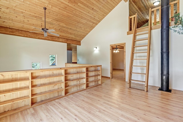 unfurnished room with high vaulted ceiling, wood ceiling, a ceiling fan, wood finished floors, and a wood stove
