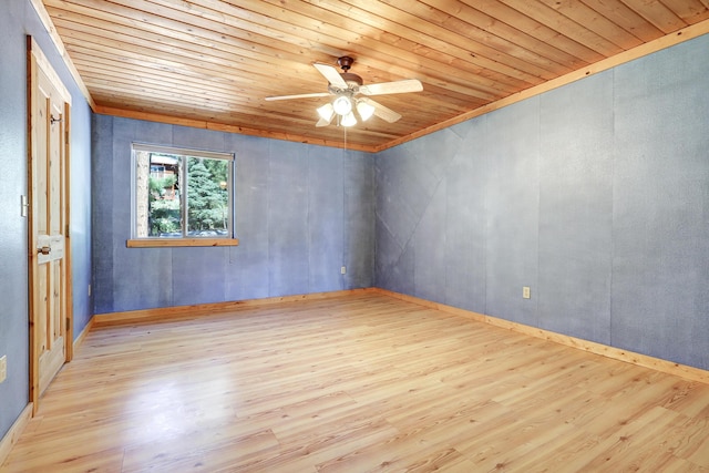 unfurnished room featuring a ceiling fan, wooden ceiling, and wood finished floors