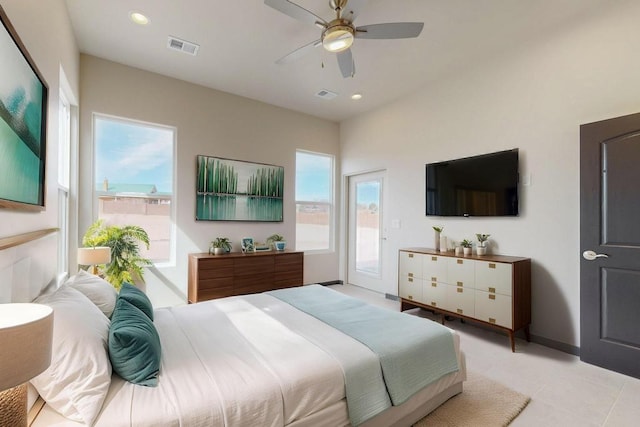 bedroom featuring recessed lighting, access to exterior, and visible vents