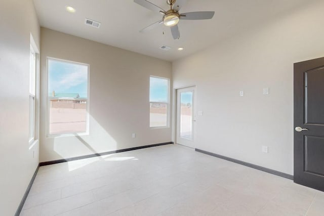 unfurnished room featuring visible vents, ceiling fan, recessed lighting, and baseboards