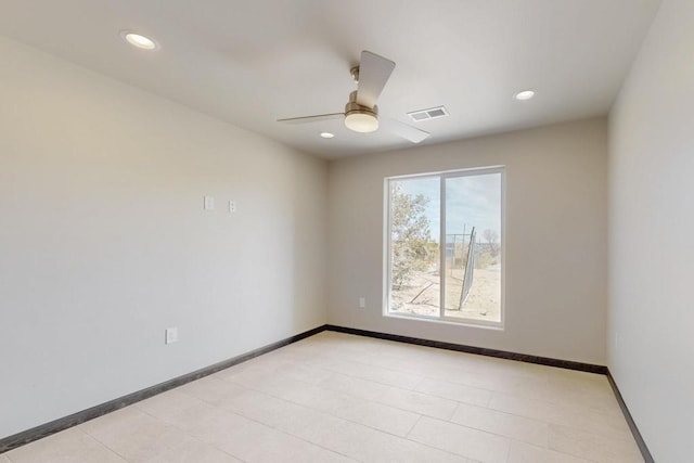empty room with visible vents, ceiling fan, recessed lighting, and baseboards