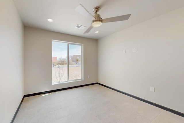 empty room with recessed lighting, light tile patterned flooring, ceiling fan, visible vents, and baseboards