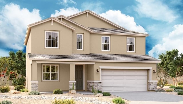 view of front facade with driveway, stone siding, stucco siding, and a garage