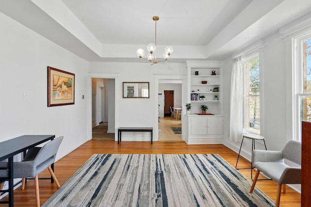 223 Edith Blvd SE, Albuquerque, NM 87102 - dining room featuring light wood finished floors, a notable chandelier, and a raised ceiling