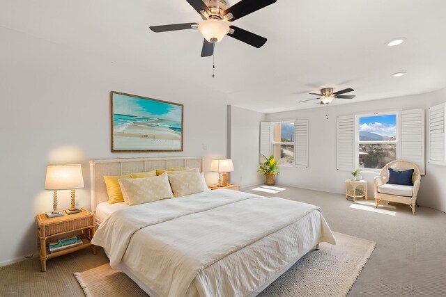 115 Camino De Las Huertas, Placitas, NM 87043 - bedroom featuring carpet, recessed lighting, and a ceiling fan