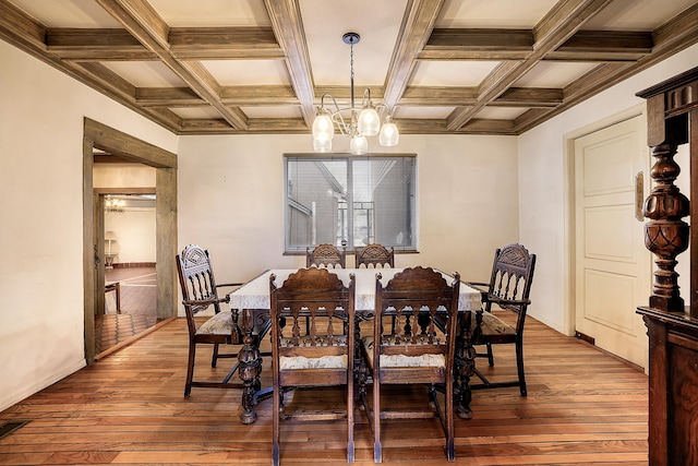 dining space with a chandelier, wood-type flooring, beam ceiling, and coffered ceiling
