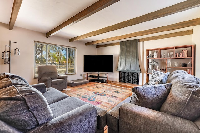 living area featuring wood finished floors and beam ceiling