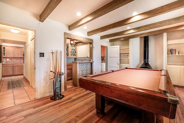 recreation room with light wood-style flooring, beamed ceiling, billiards, and recessed lighting