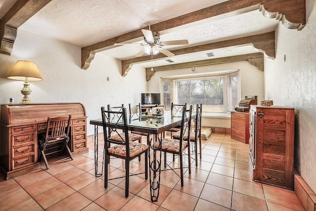 dining area featuring visible vents, a ceiling fan, a textured wall, a textured ceiling, and beamed ceiling