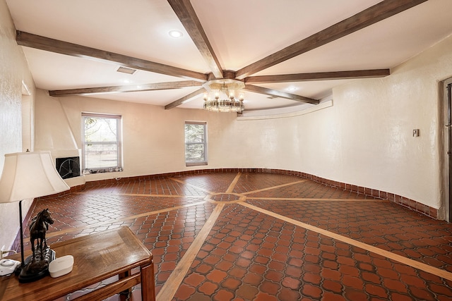 interior space featuring visible vents, baseboards, beam ceiling, and recessed lighting