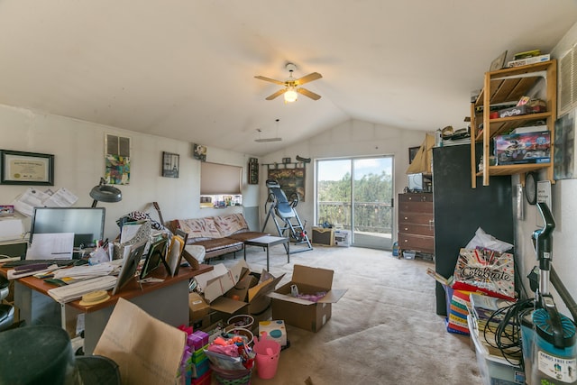 32 Puntilla Dr Unit B, Tijeras, NM 87059 - interior space featuring access to exterior, ceiling fan, carpet, and lofted ceiling