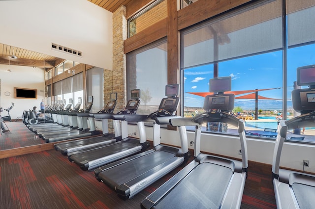 gym featuring a high ceiling and baseboards