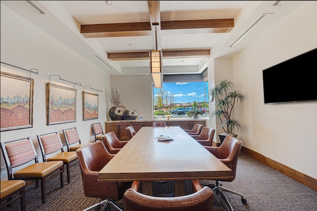 home office with visible vents, baseboards, beam ceiling, and coffered ceiling