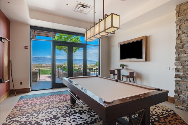 playroom with pool table, light tile patterned floors, visible vents, and baseboards