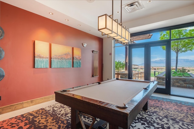 recreation room with tile patterned flooring, billiards, visible vents, and a wealth of natural light