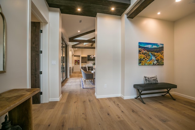1016 Guadalupe Villa NW, Albuquerque, NM 87114 - corridor featuring baseboards, recessed lighting, light wood-type flooring, and vaulted ceiling with beams