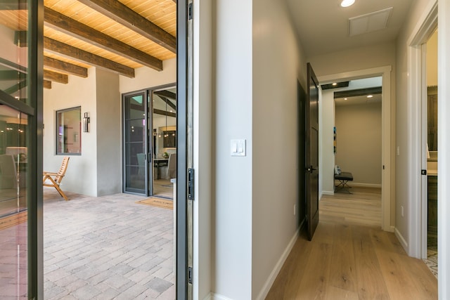 1016 Guadalupe Villa NW, Albuquerque, NM 87114 - corridor with wooden ceiling, beam ceiling, visible vents, and recessed lighting