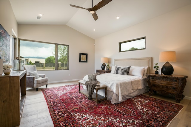1016 Guadalupe Villa NW, Albuquerque, NM 87114 - bedroom with baseboards, ceiling fan, light wood-type flooring, recessed lighting, and vaulted ceiling