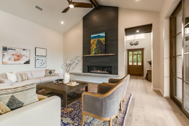 1016 Guadalupe Villa NW, Albuquerque, NM 87114 - living room featuring a fireplace, light wood-style flooring, a ceiling fan, visible vents, and high vaulted ceiling