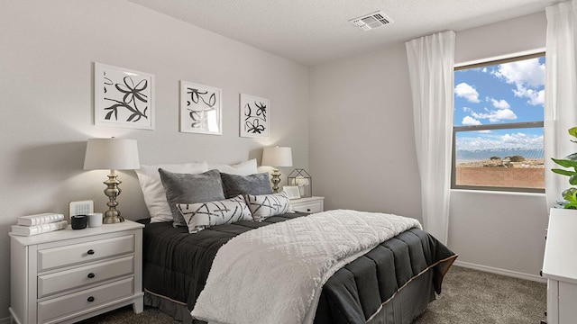 bedroom with visible vents, a textured ceiling, baseboards, and dark colored carpet