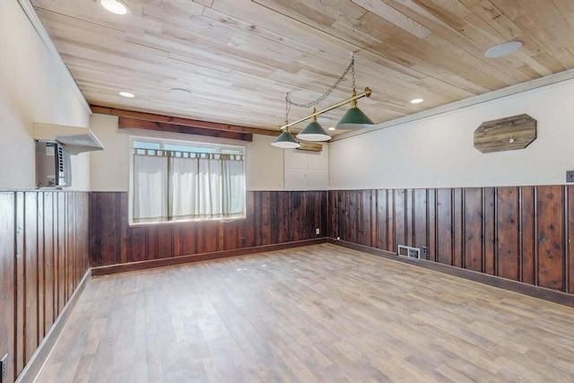 empty room featuring wooden walls, wood ceiling, and a wainscoted wall