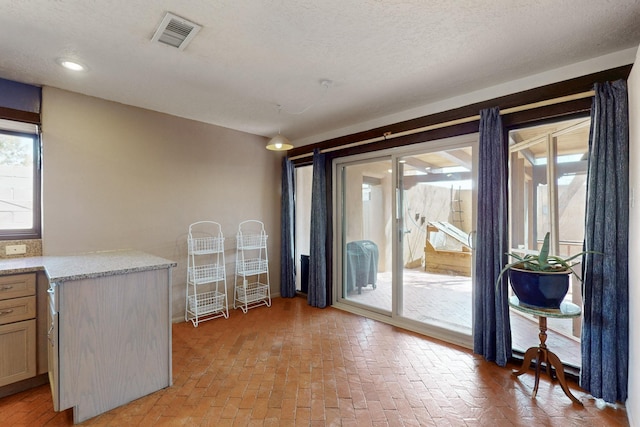 1005 Guadalupe Del Prado St NW, Albuquerque, NM 87107 - spare room featuring brick floor, visible vents, and a textured ceiling