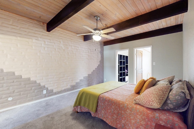 1005 Guadalupe Del Prado St NW, Albuquerque, NM 87107 - bedroom featuring wooden ceiling, brick wall, a ceiling fan, carpet, and beamed ceiling