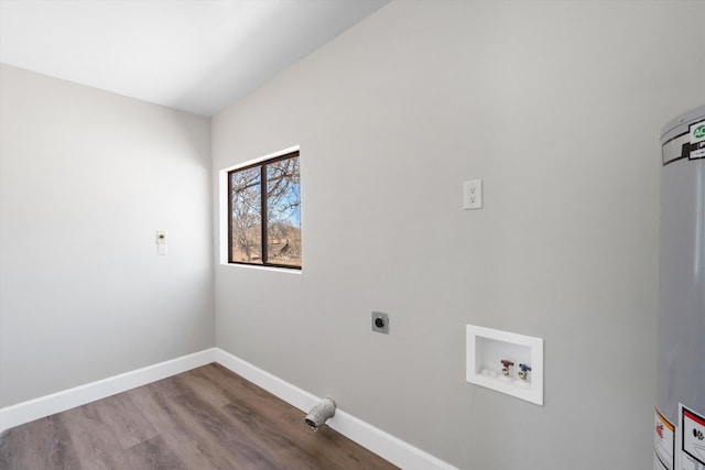 washroom featuring laundry area, wood finished floors, hookup for an electric dryer, washer hookup, and baseboards