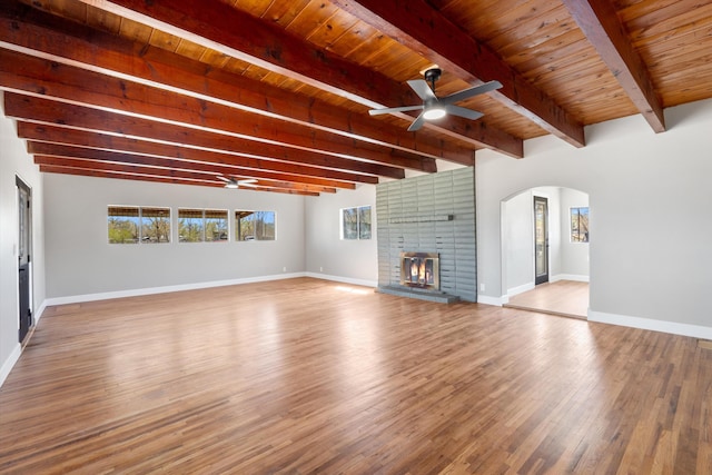 unfurnished living room with a ceiling fan, wooden ceiling, and wood finished floors