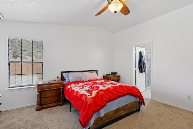 6901 Verano Ct NW, Albuquerque, NM 87120 - bedroom featuring carpet, lofted ceiling, baseboards, a ceiling fan, and ensuite bathroom
