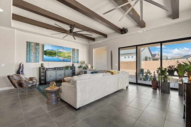 living room with a ceiling fan, baseboards, dark tile patterned floors, beam ceiling, and visible vents