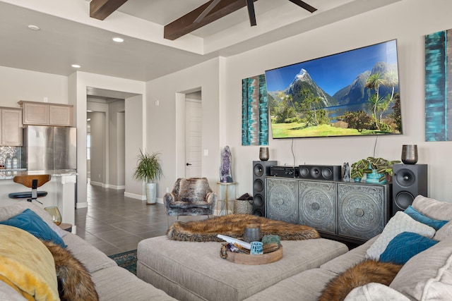living area with baseboards, dark tile patterned flooring, beamed ceiling, and recessed lighting