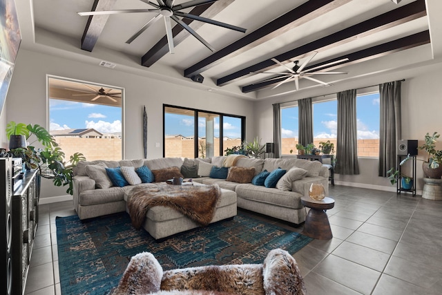tiled living room with ceiling fan, baseboards, beam ceiling, and visible vents