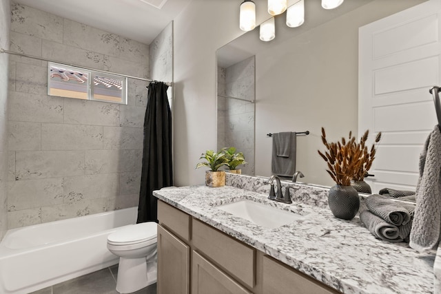 full bathroom with shower / bath combination with curtain, tile patterned flooring, vanity, and toilet