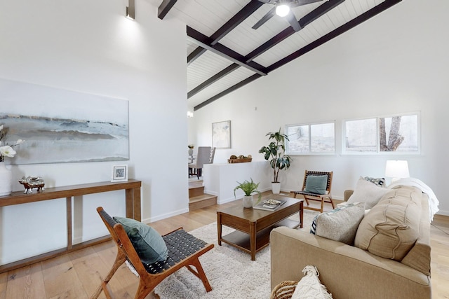 4500 Skyline Ct NE, Albuquerque, NM 87111 - living room featuring light wood-style floors, a ceiling fan, high vaulted ceiling, and a wood ceiling with exposed beams