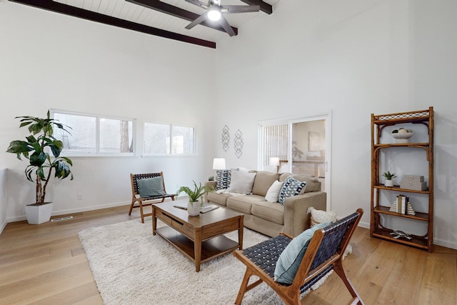 4500 Skyline Ct NE, Albuquerque, NM 87111 - living room with ceiling fan, light wood-style flooring, beam ceiling, and high vaulted ceiling