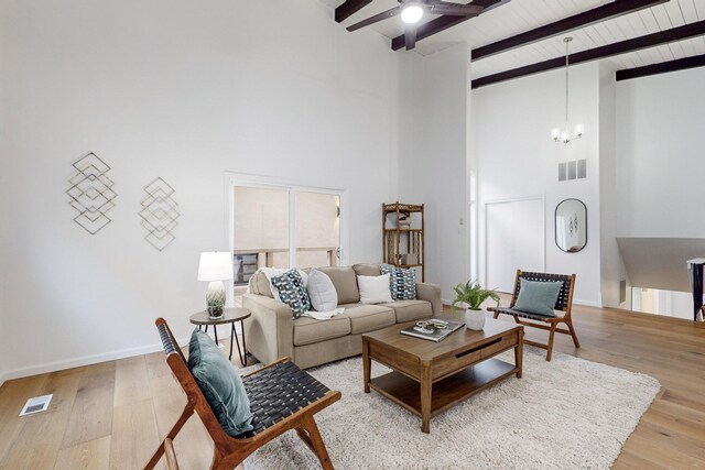 4500 Skyline Ct NE, Albuquerque, NM 87111 - living area with ceiling fan, light wood-style flooring, high vaulted ceiling, a chandelier, and beam ceiling