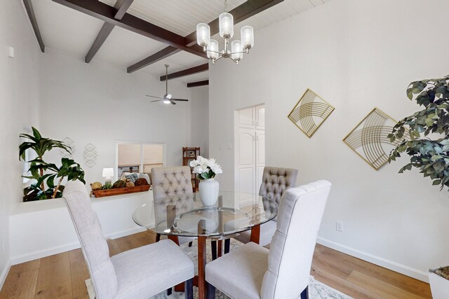 4500 Skyline Ct NE, Albuquerque, NM 87111 - dining area featuring beamed ceiling, light wood finished floors, a chandelier, ceiling fan, and a high ceiling