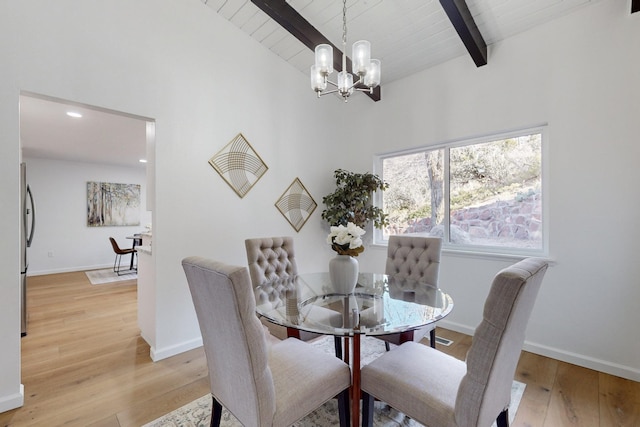 4500 Skyline Ct NE, Albuquerque, NM 87111 - dining room featuring a chandelier, light wood finished floors, a wood ceiling with exposed beams, and high vaulted ceiling