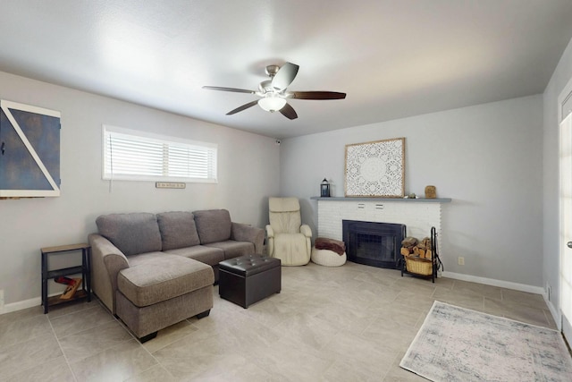 3501 Westerfeld Dr NE, Albuquerque, NM 87111 - living room featuring light tile patterned floors, baseboards, a ceiling fan, and a brick fireplace