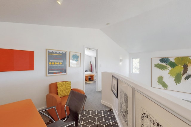2 Cedar Hill Pl, Cedar Crest, NM 87008 - office area featuring vaulted ceiling and dark colored carpet