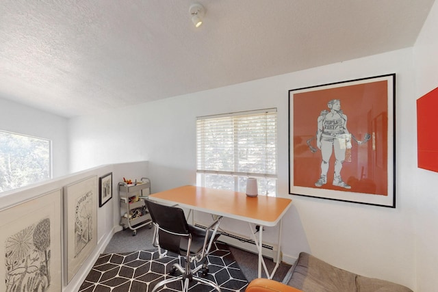 2 Cedar Hill Pl, Cedar Crest, NM 87008 - office space with dark colored carpet, a textured ceiling, and baseboard heating
