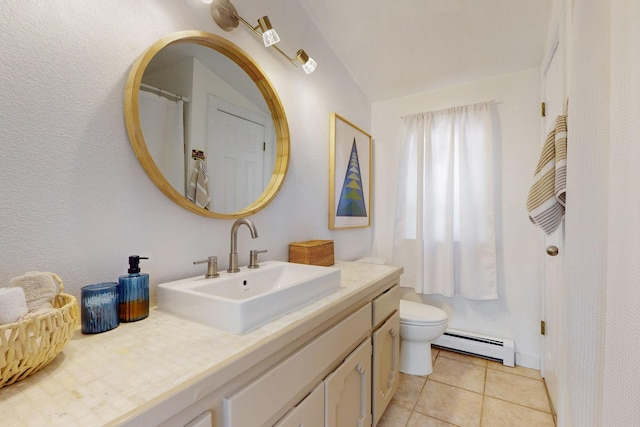 2 Cedar Hill Pl, Cedar Crest, NM 87008 - bathroom featuring a baseboard radiator, vanity, tile patterned flooring, and vaulted ceiling