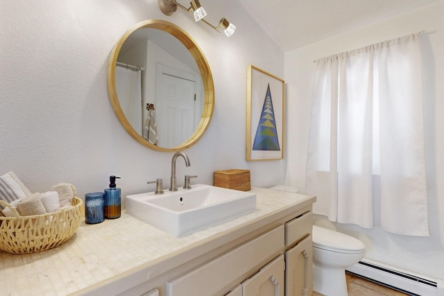 2 Cedar Hill Pl, Cedar Crest, NM 87008 - full bath with a baseboard radiator, vanity, and a shower with shower curtain