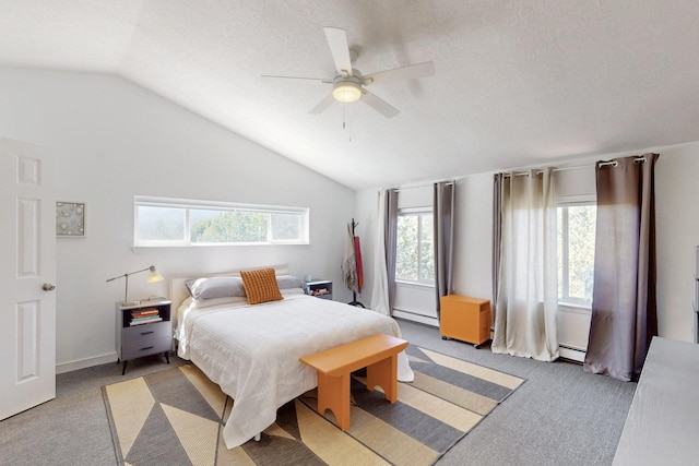 2 Cedar Hill Pl, Cedar Crest, NM 87008 - carpeted bedroom with a baseboard radiator, lofted ceiling, a baseboard heating unit, and ceiling fan