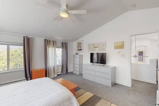 2 Cedar Hill Pl, Cedar Crest, NM 87008 - carpeted bedroom featuring lofted ceiling, multiple windows, a baseboard heating unit, a ceiling fan, and baseboard heating