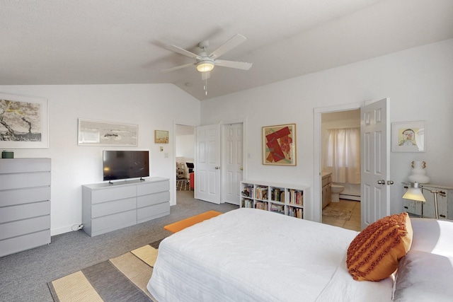 2 Cedar Hill Pl, Cedar Crest, NM 87008 - bedroom with a baseboard radiator, vaulted ceiling, carpet floors, ensuite bath, and ceiling fan