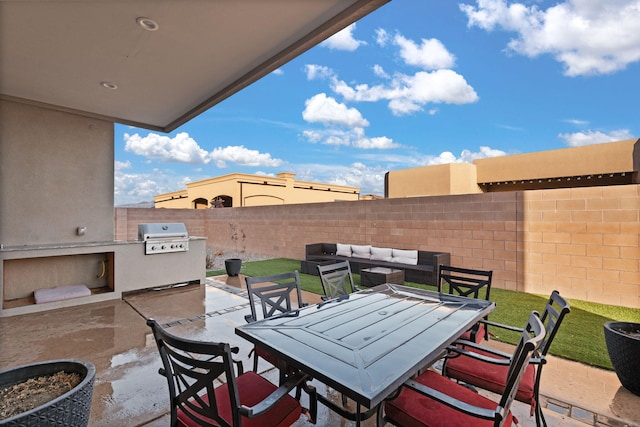 8023 Victoria Dr NW, Albuquerque, NM 87120 - view of patio / terrace with area for grilling, outdoor dining area, a fenced backyard, and a grill
