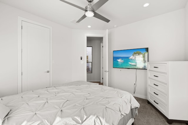 8023 Victoria Dr NW, Albuquerque, NM 87120 - bedroom featuring baseboards, dark colored carpet, a ceiling fan, and recessed lighting